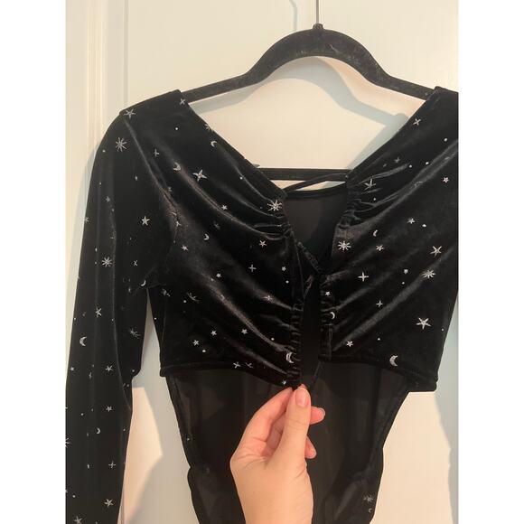 Wild Fable Velvet Stars & Moons Long Sleeve Keyhole Open Back Bodysuit Black S - Picture 7 of 9